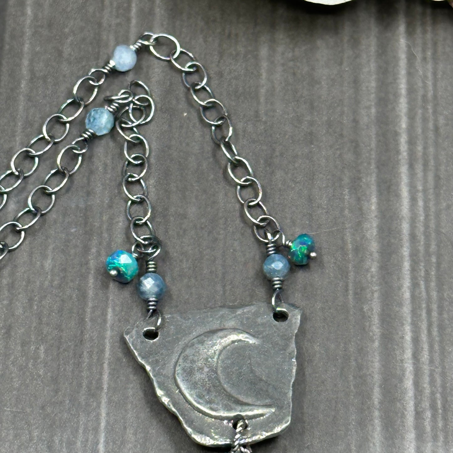 Sterling silver, labradorite, opal, and pewter necklace