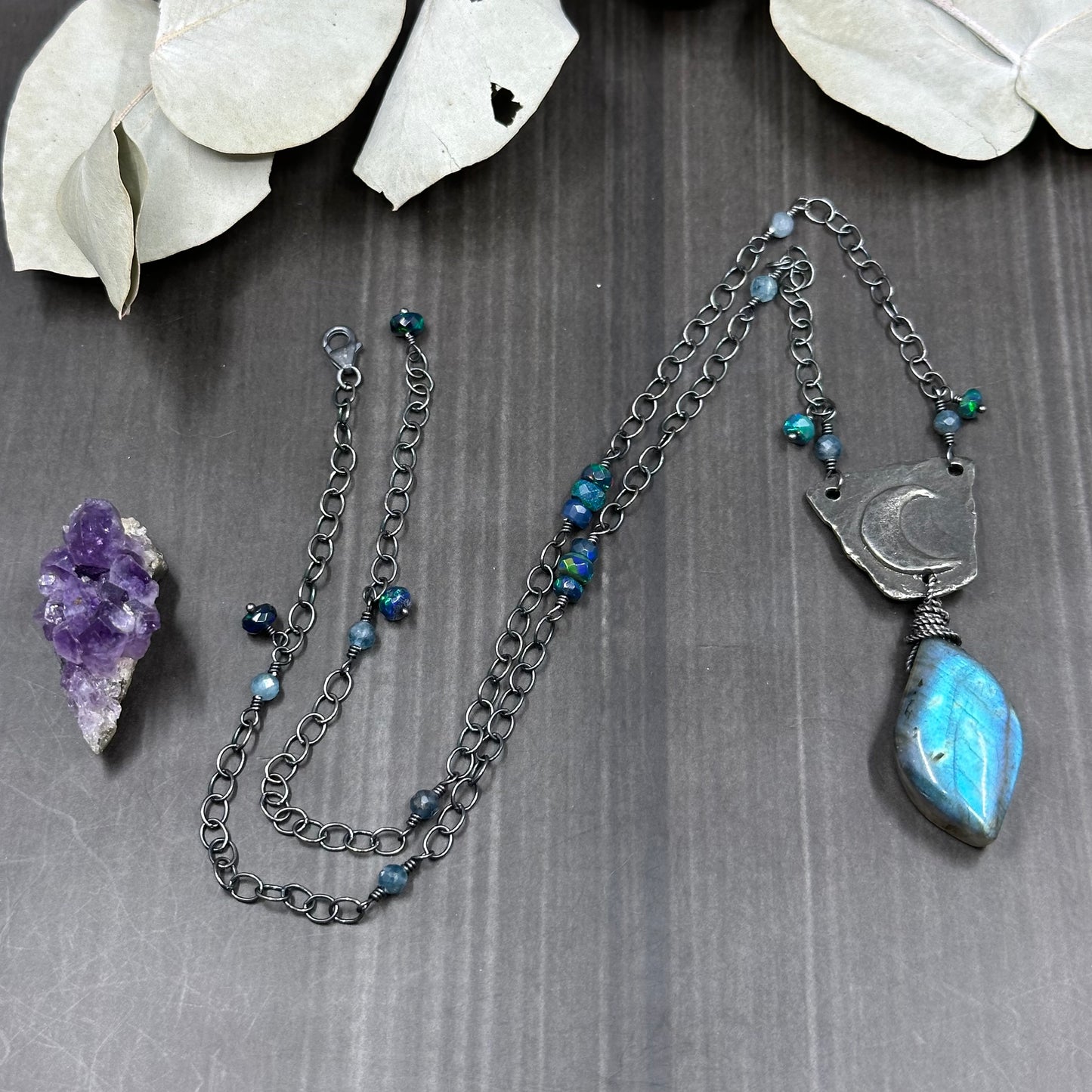 Sterling silver, labradorite, opal, and pewter necklace