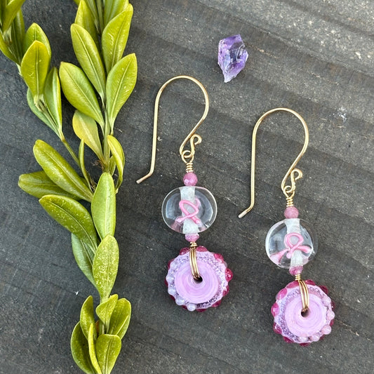 Pink Ribbon Earrings with Artisan Glass, Brass, and Pink Tourmaline