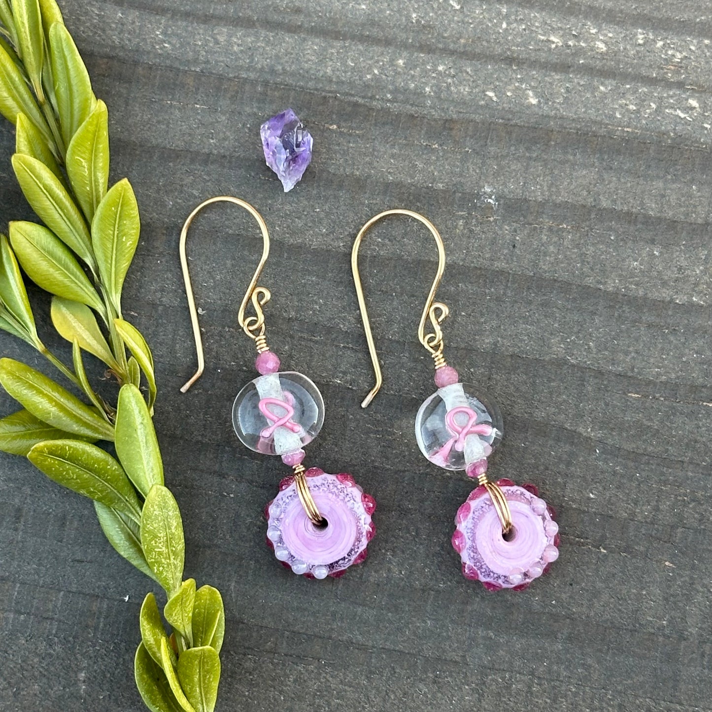 Pink Ribbon Earrings with Artisan Glass, Brass, and Pink Tourmaline