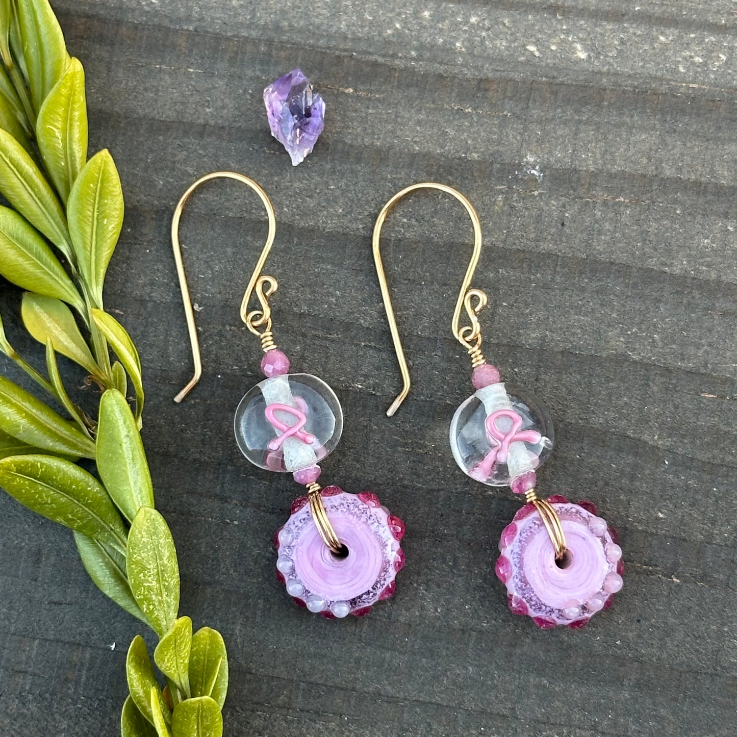 Pink Ribbon Earrings with Artisan Glass, Brass, and Pink Tourmaline