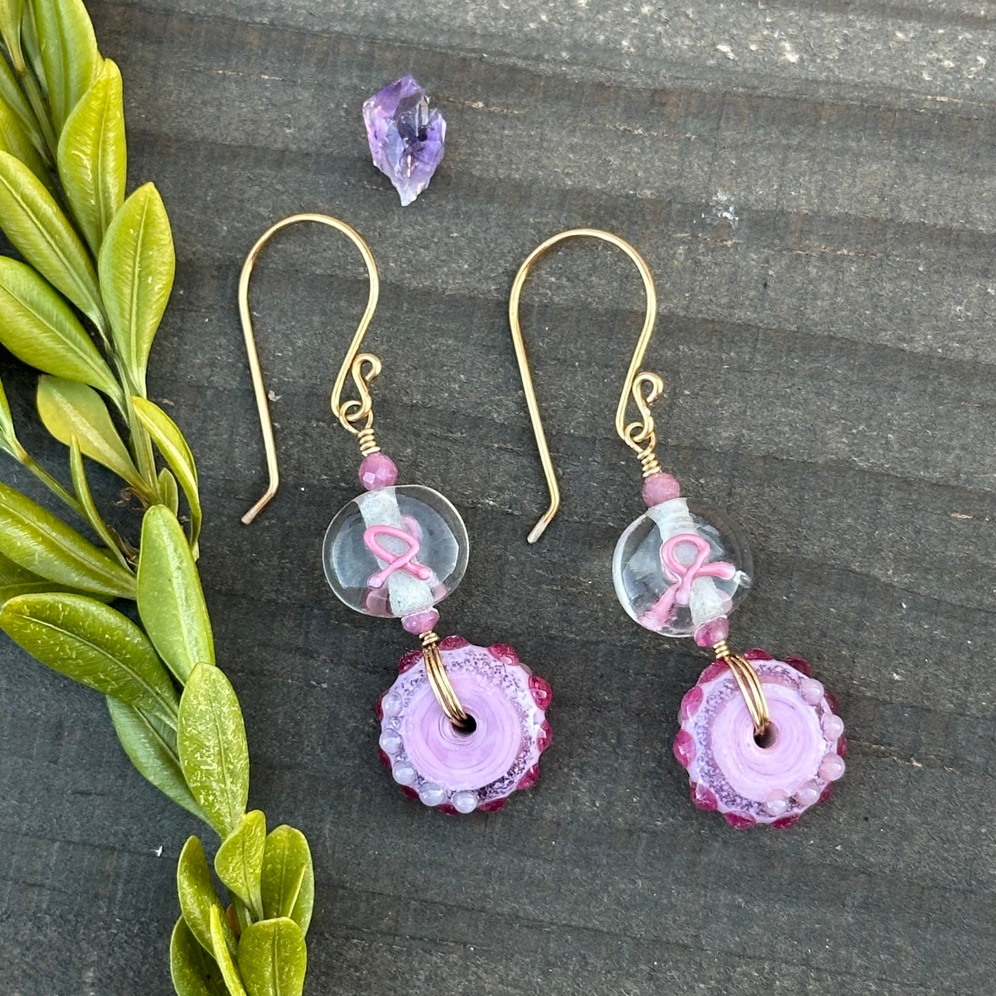 Pink Ribbon Earrings with Artisan Glass, Brass, and Pink Tourmaline