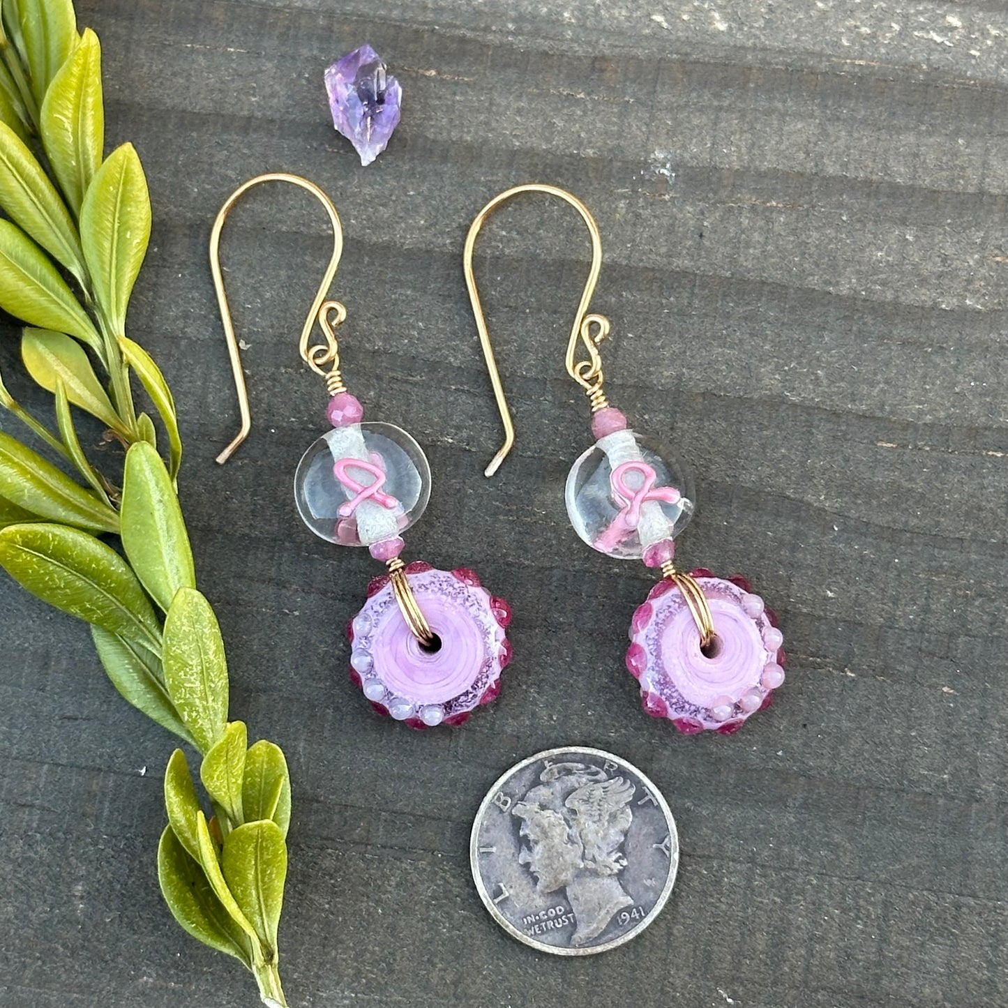 Pink Ribbon Earrings with Artisan Glass, Brass, and Pink Tourmaline