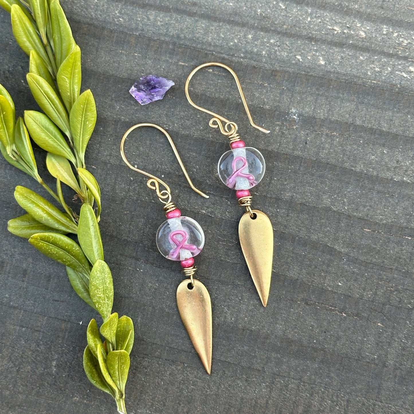 Pink Ribbon Earrings with Brass Accents