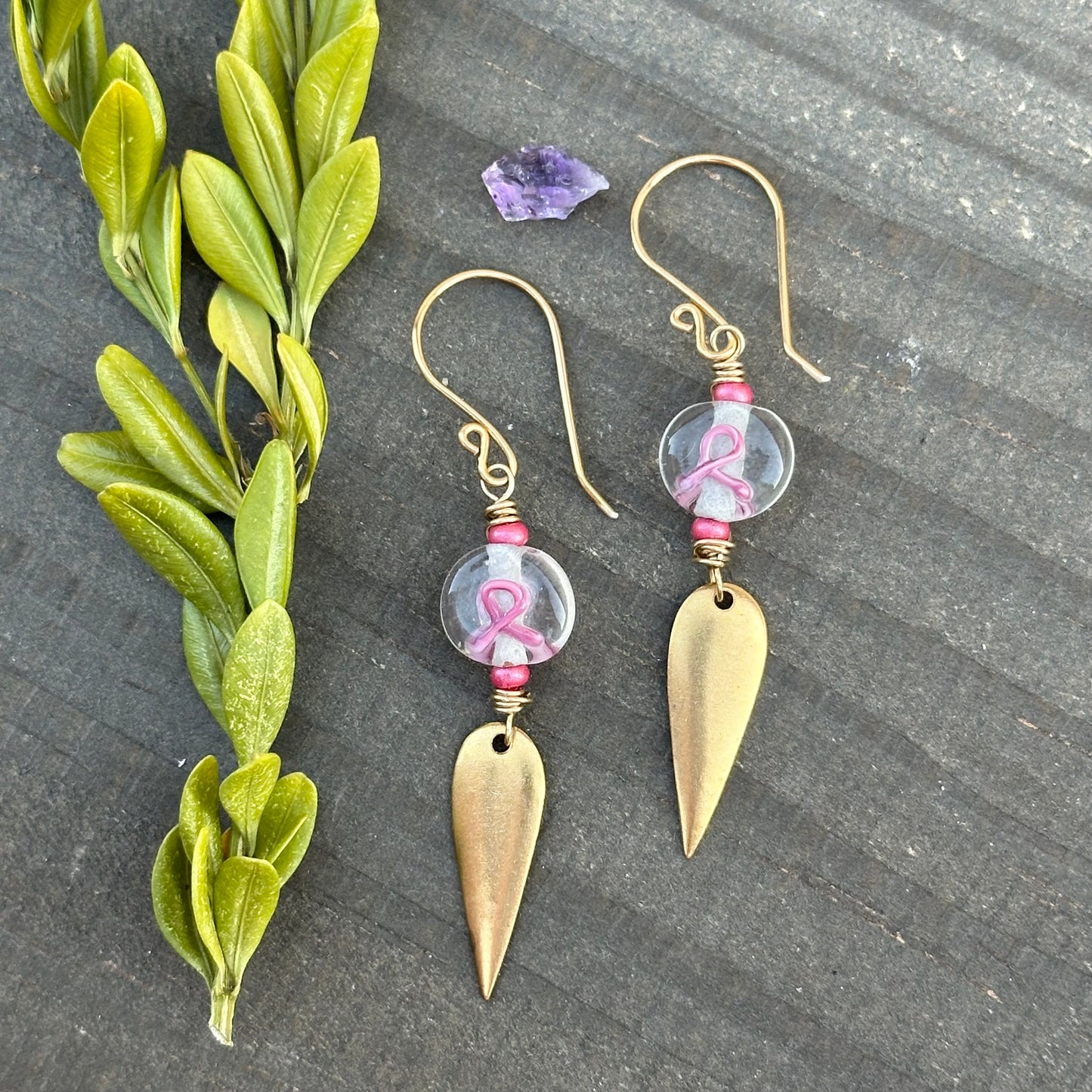 Pink Ribbon Earrings with Brass Accents