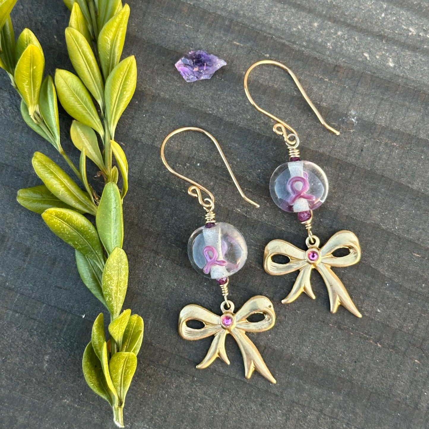 Pink Ribbon Earrings with Rubies and Brass