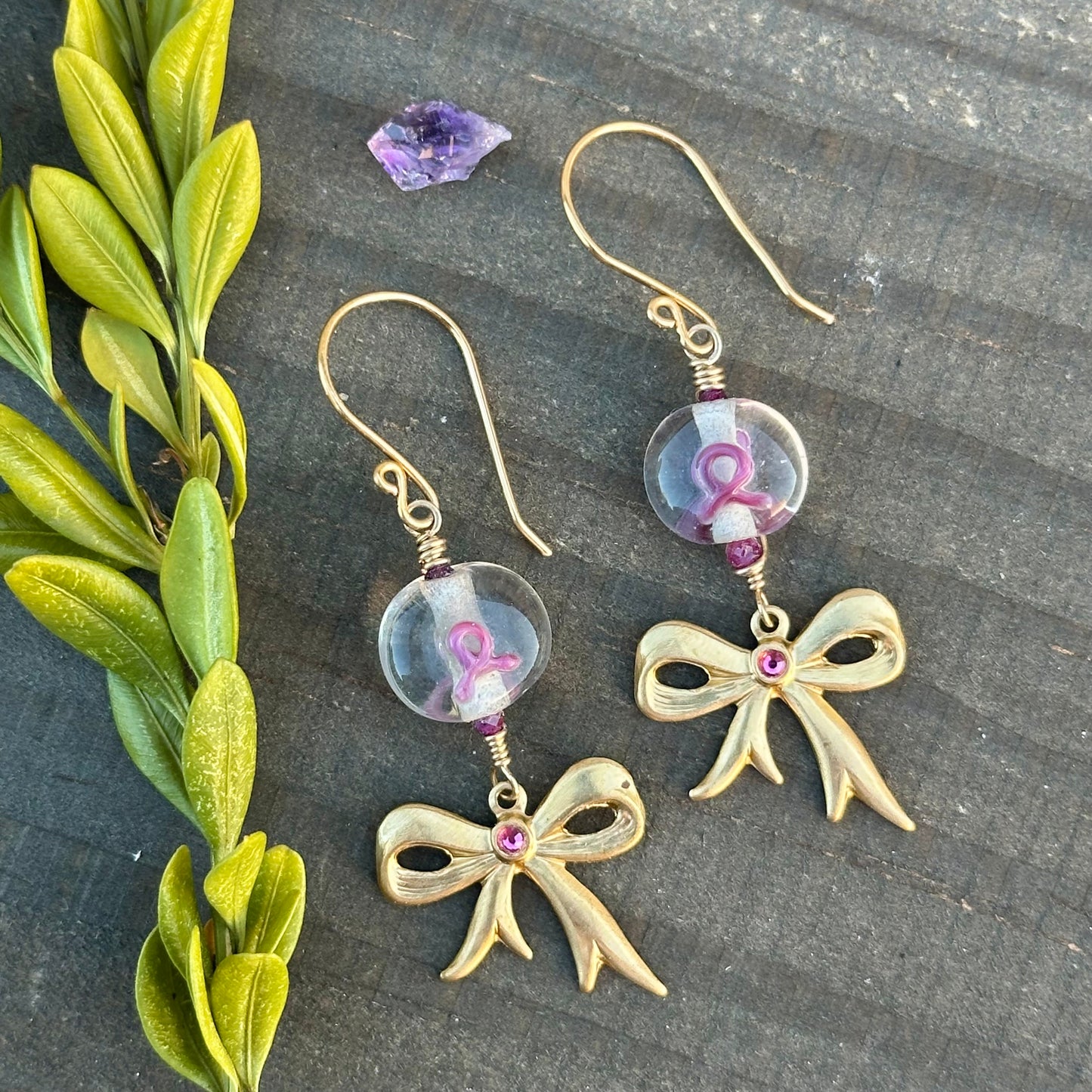 Pink Ribbon Earrings with Rubies and Brass