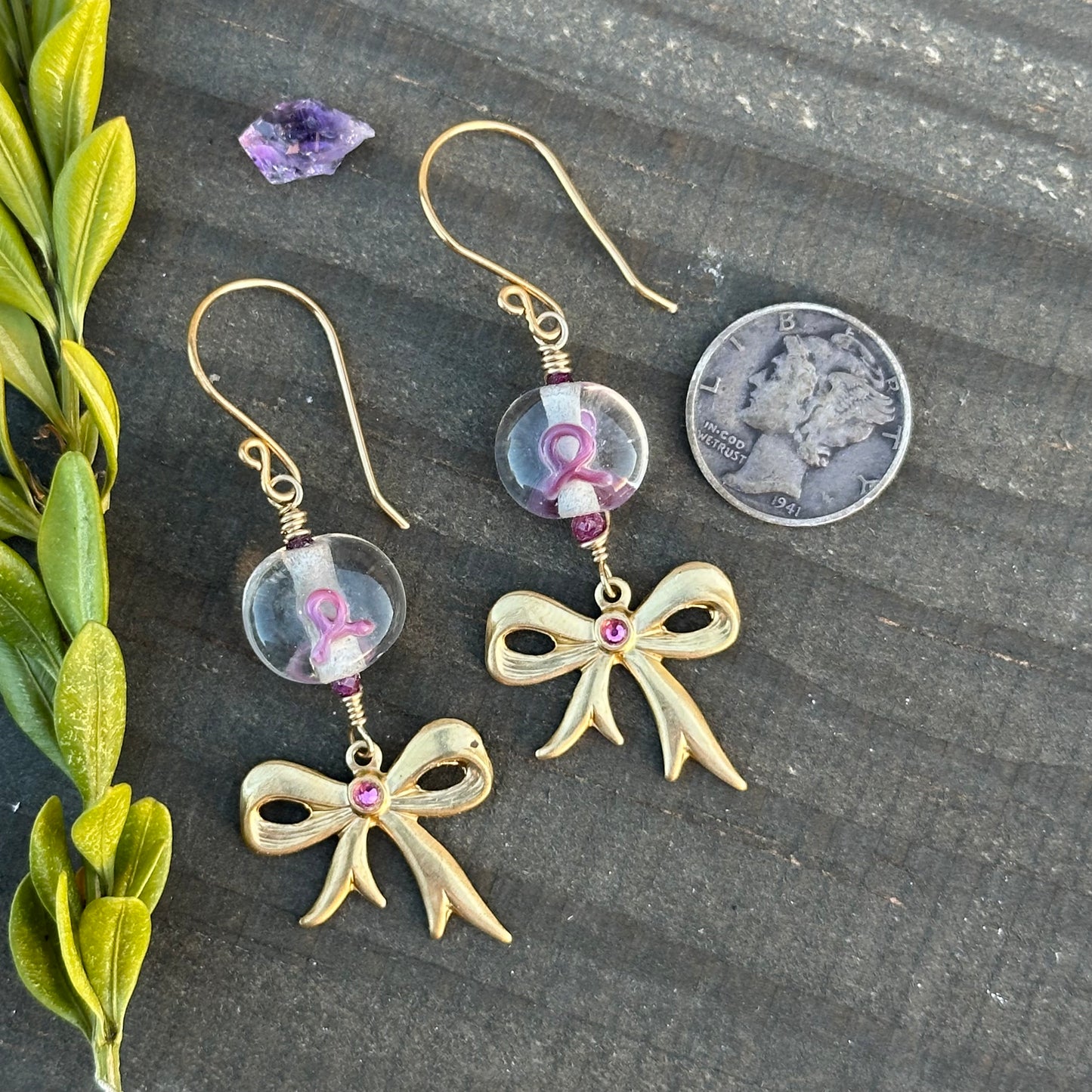 Pink Ribbon Earrings with Rubies and Brass