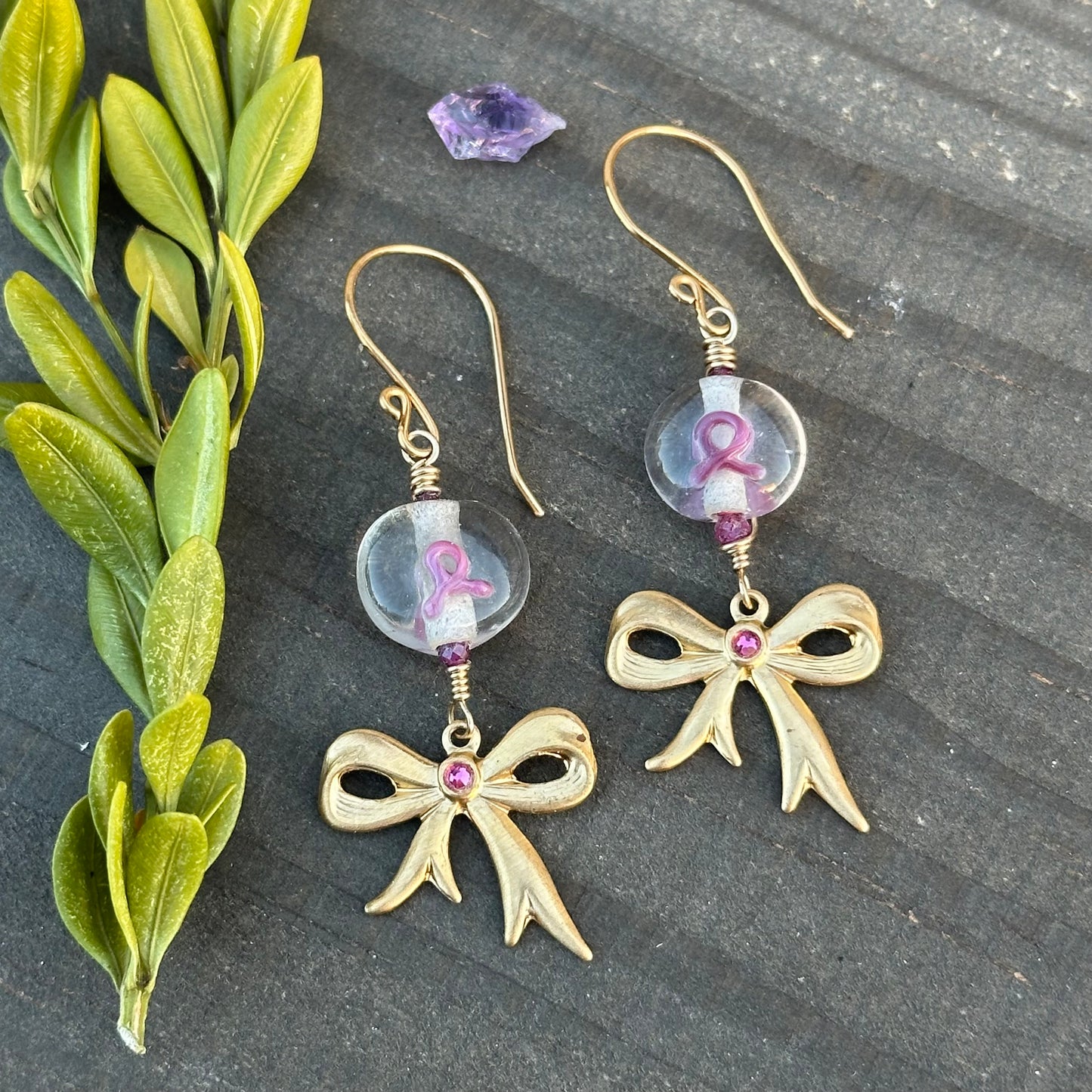 Pink Ribbon Earrings with Rubies and Brass