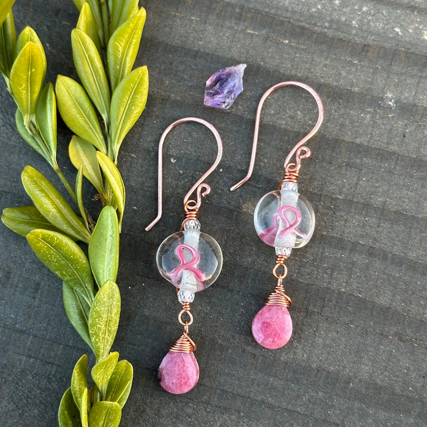 Pink Ribbon Earrings with Rhodonite Drops