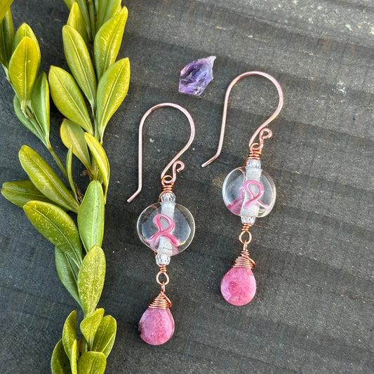 Pink Ribbon Earrings with Rhodonite Drops