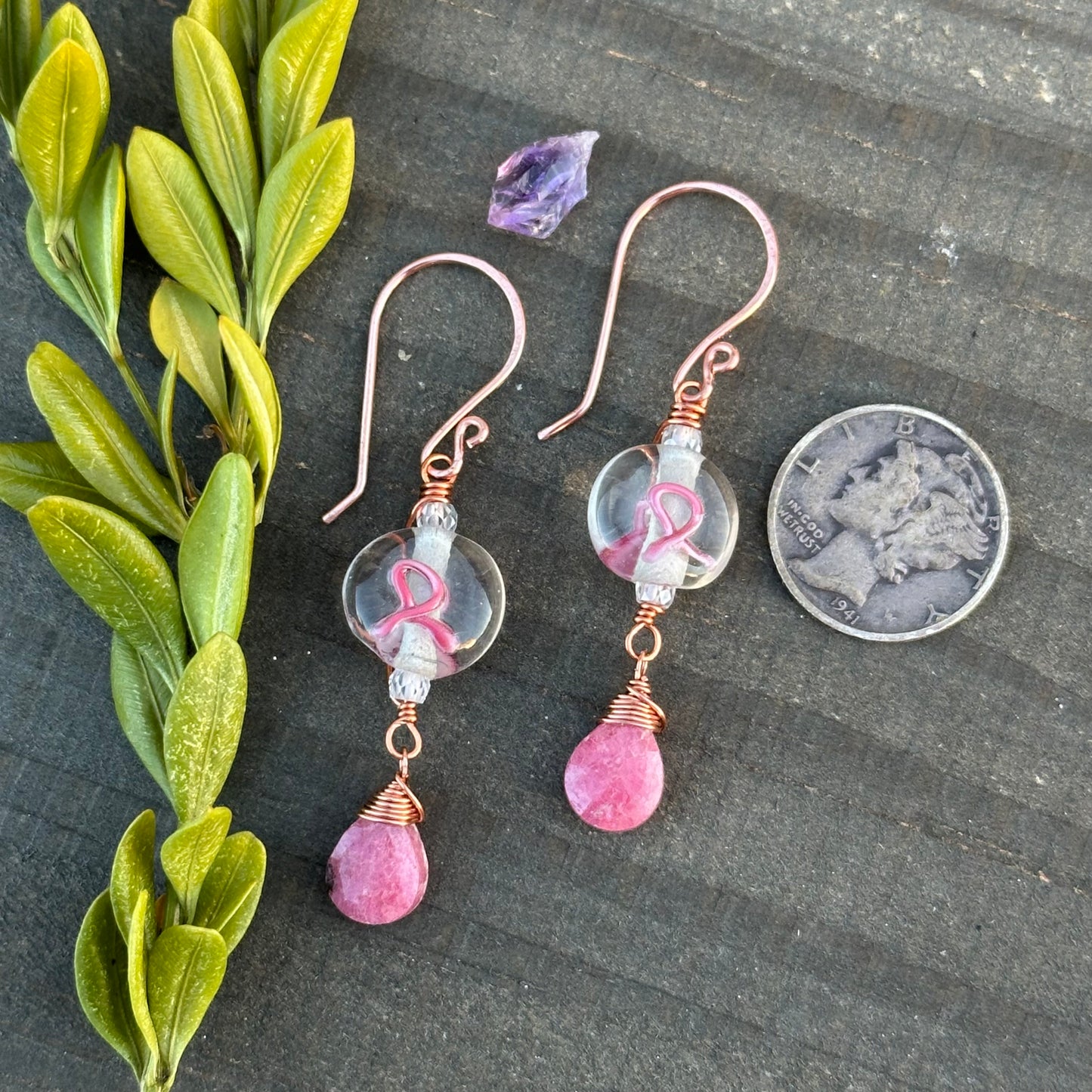 Pink Ribbon Earrings with Rhodonite Drops