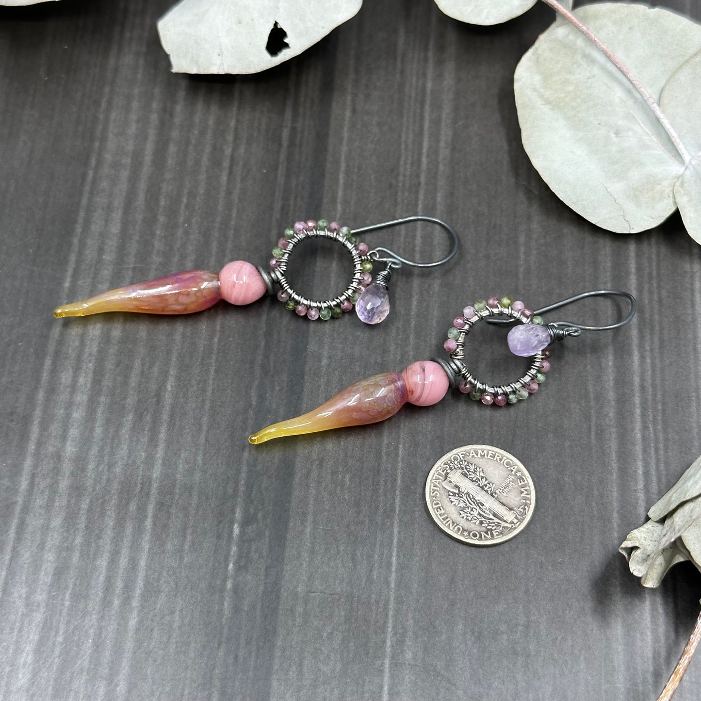 Sunrise Sterling Silver Earrings with Amethyst and Tourmaline