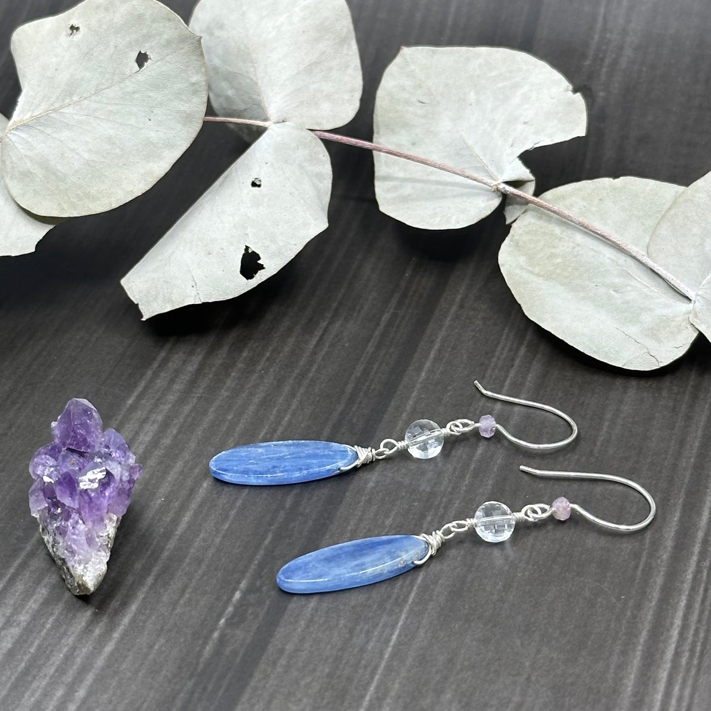 Kyanite, Quartz, and Cacoxenite Earrings in Sterling Silver