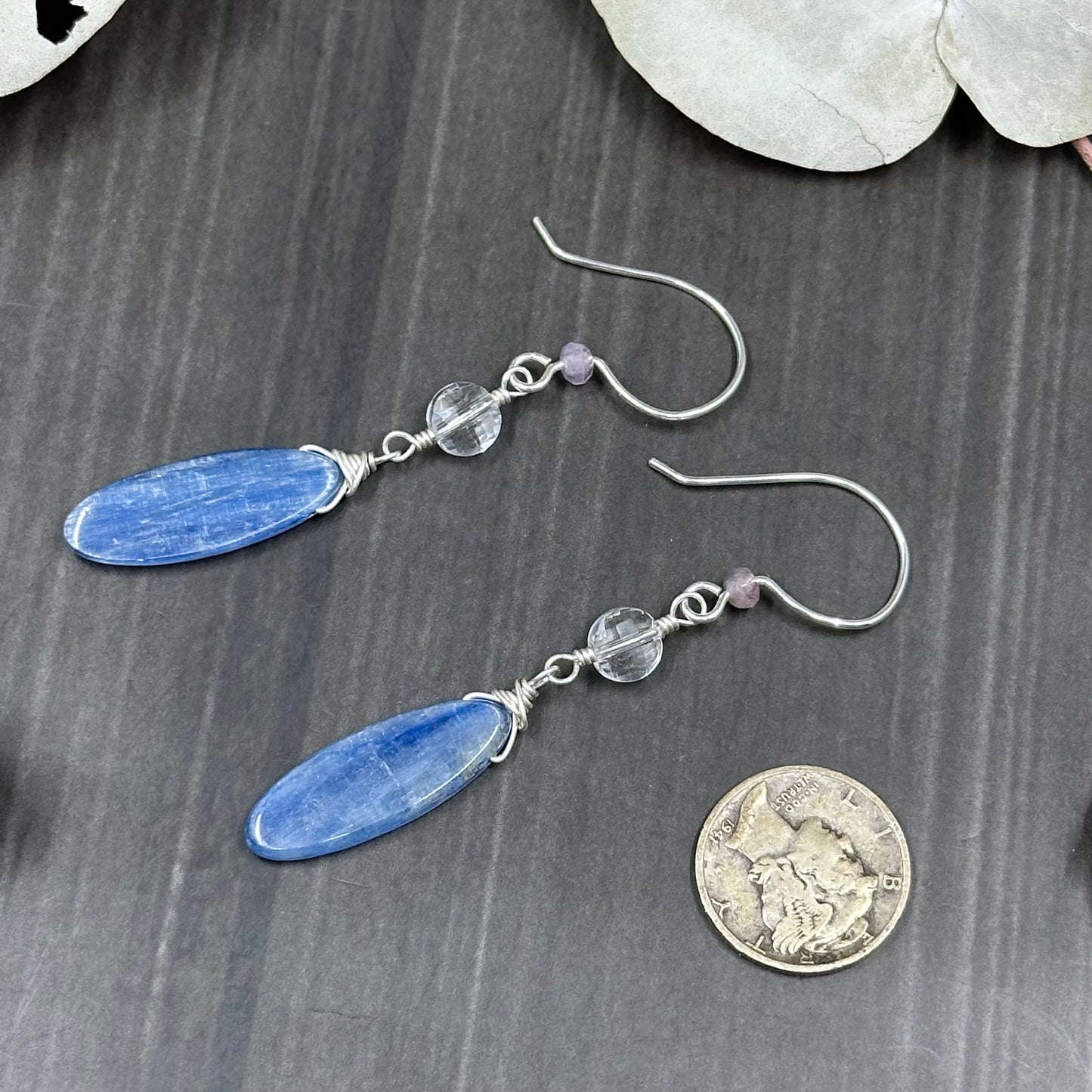 Kyanite, Quartz, and Cacoxenite Earrings in Sterling Silver