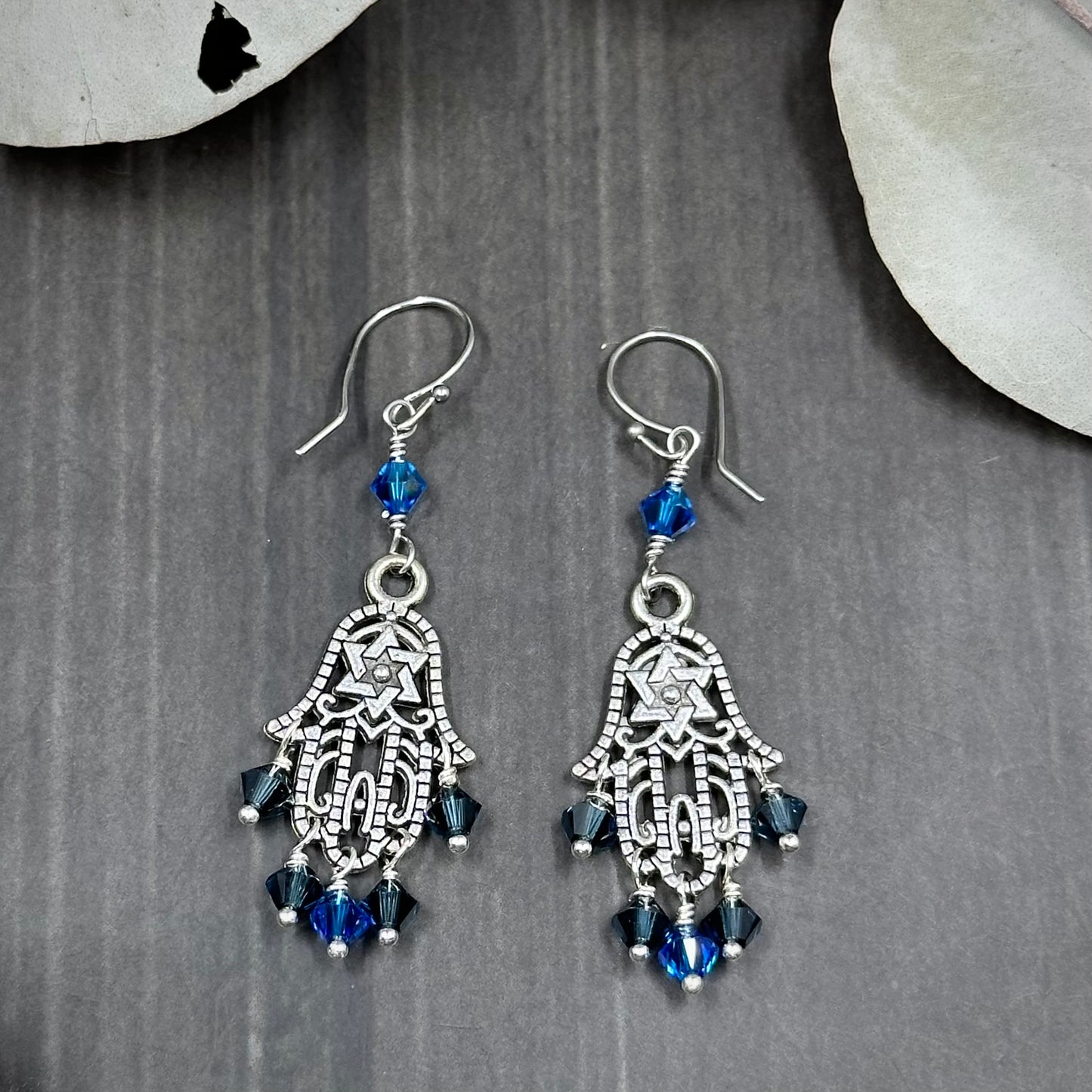 Shades of Blue Crystal Hamsa Earrings