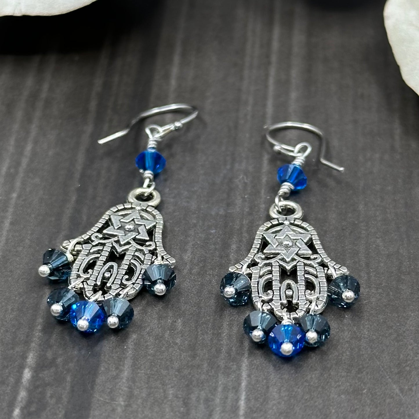 Shades of Blue Crystal Hamsa Earrings