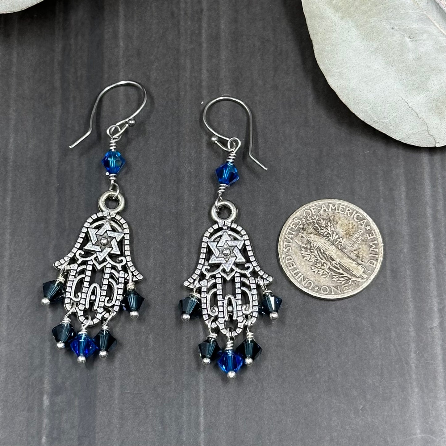 Shades of Blue Crystal Hamsa Earrings