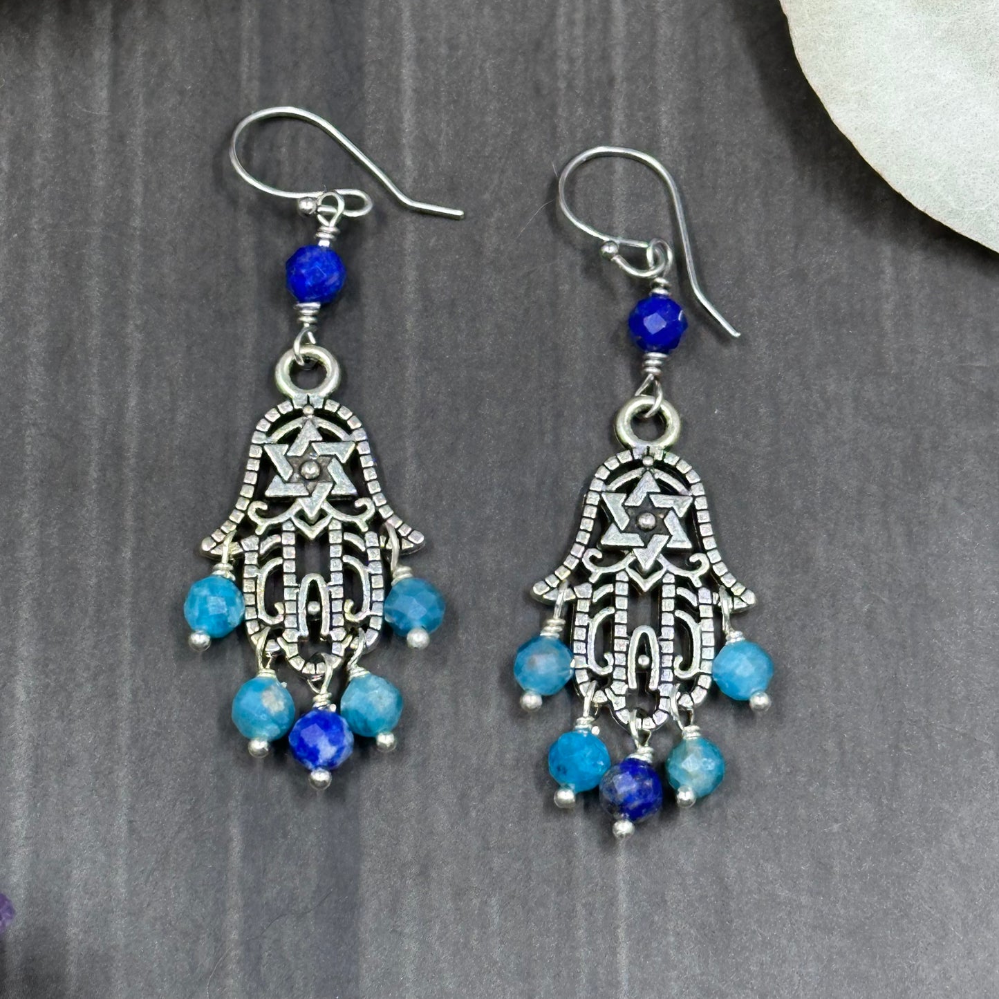 Apatite and Lapis Hamsa Earrings