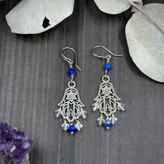 Lapis Lazuli and Clear crystal Hamsa Earrings