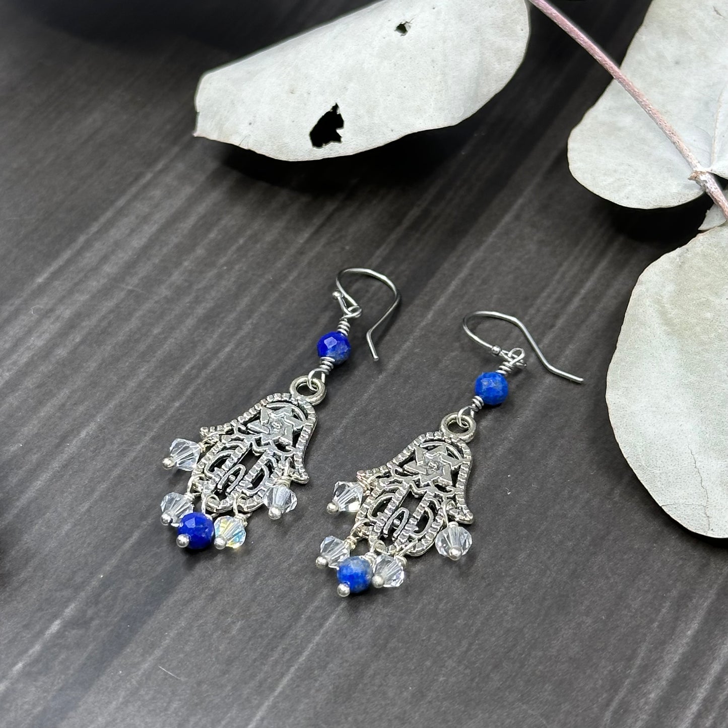 Lapis Lazuli and Clear crystal Hamsa Earrings