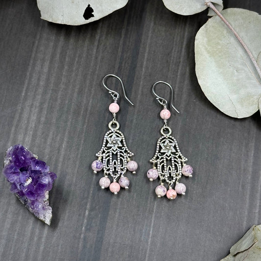 Rhodochrosite and Purple Riverstone Hamsa Earrings