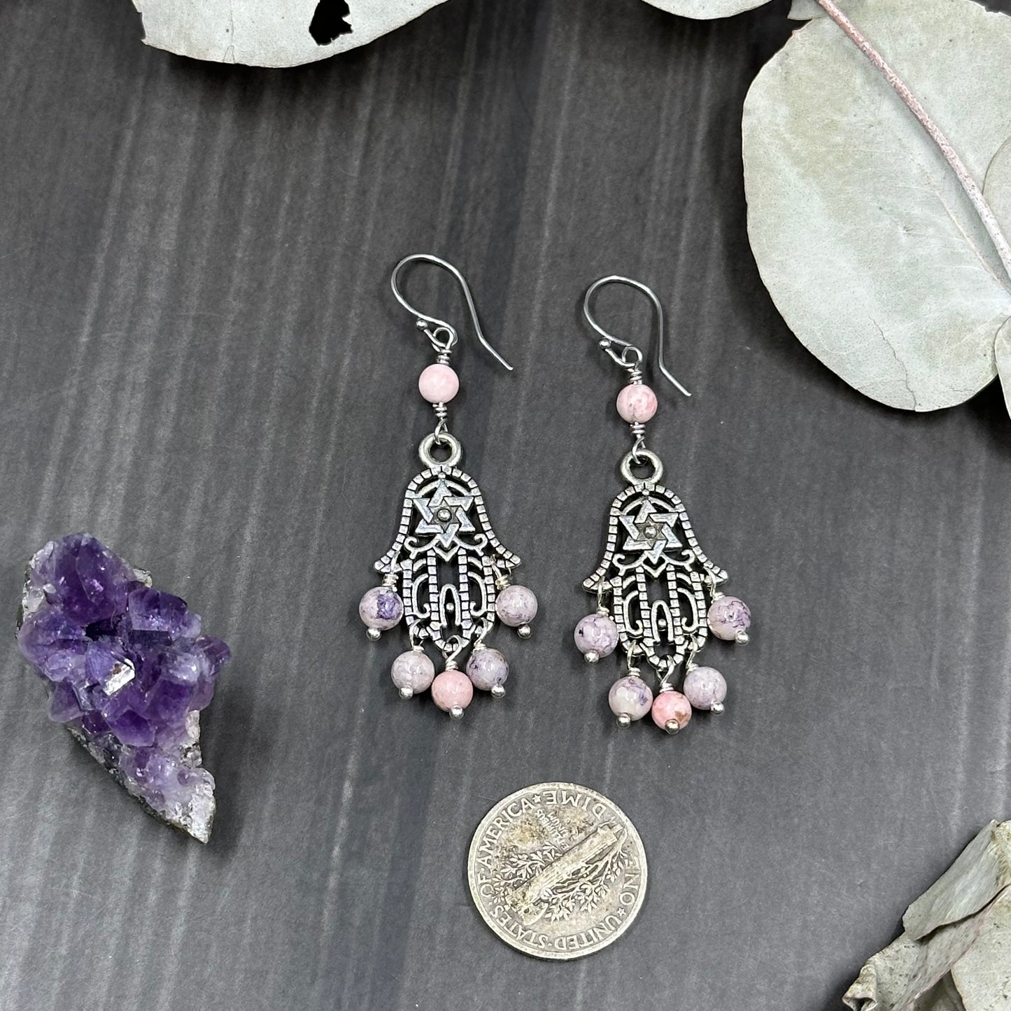 Rhodochrosite and Purple Riverstone Hamsa Earrings