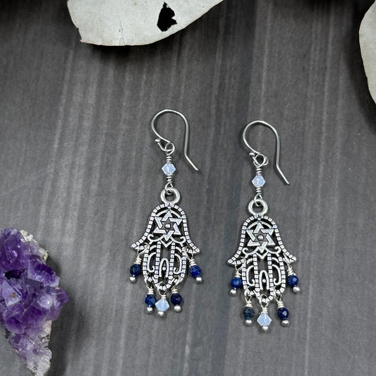 Crystal and Lapis Lazuli Hamsa Earrings