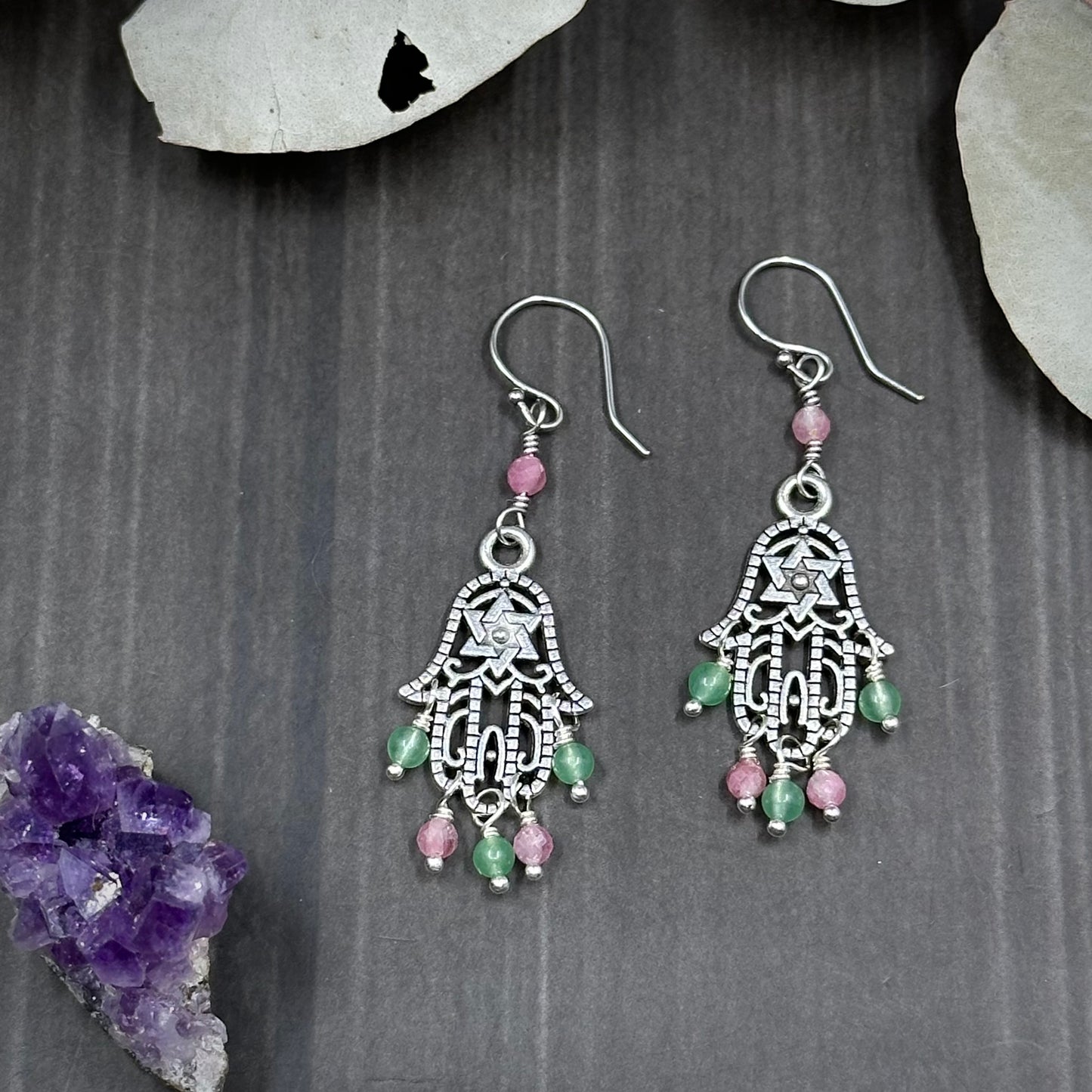 Pink Tourmaline and Aventurine Hamsa Earrings