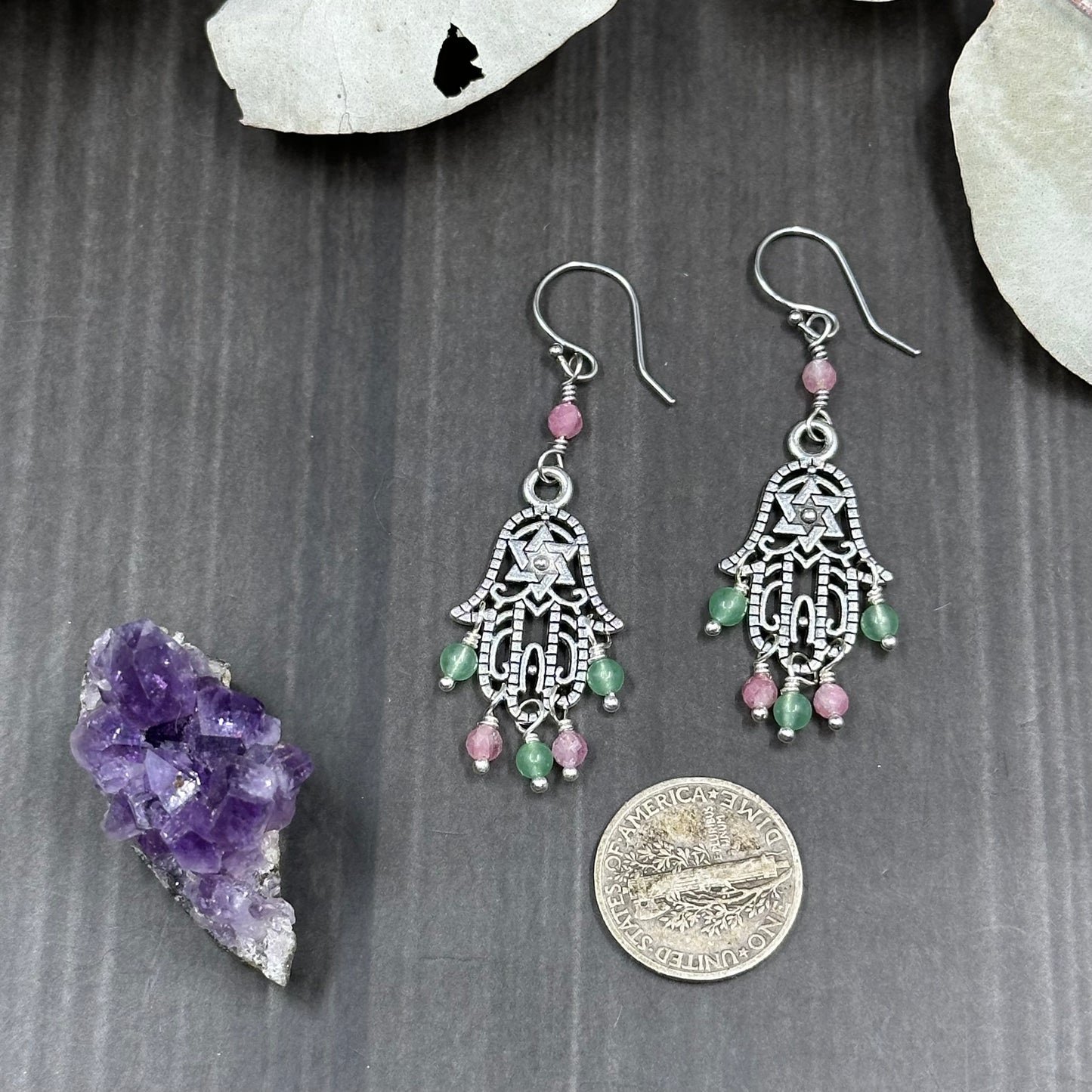 Pink Tourmaline and Aventurine Hamsa Earrings