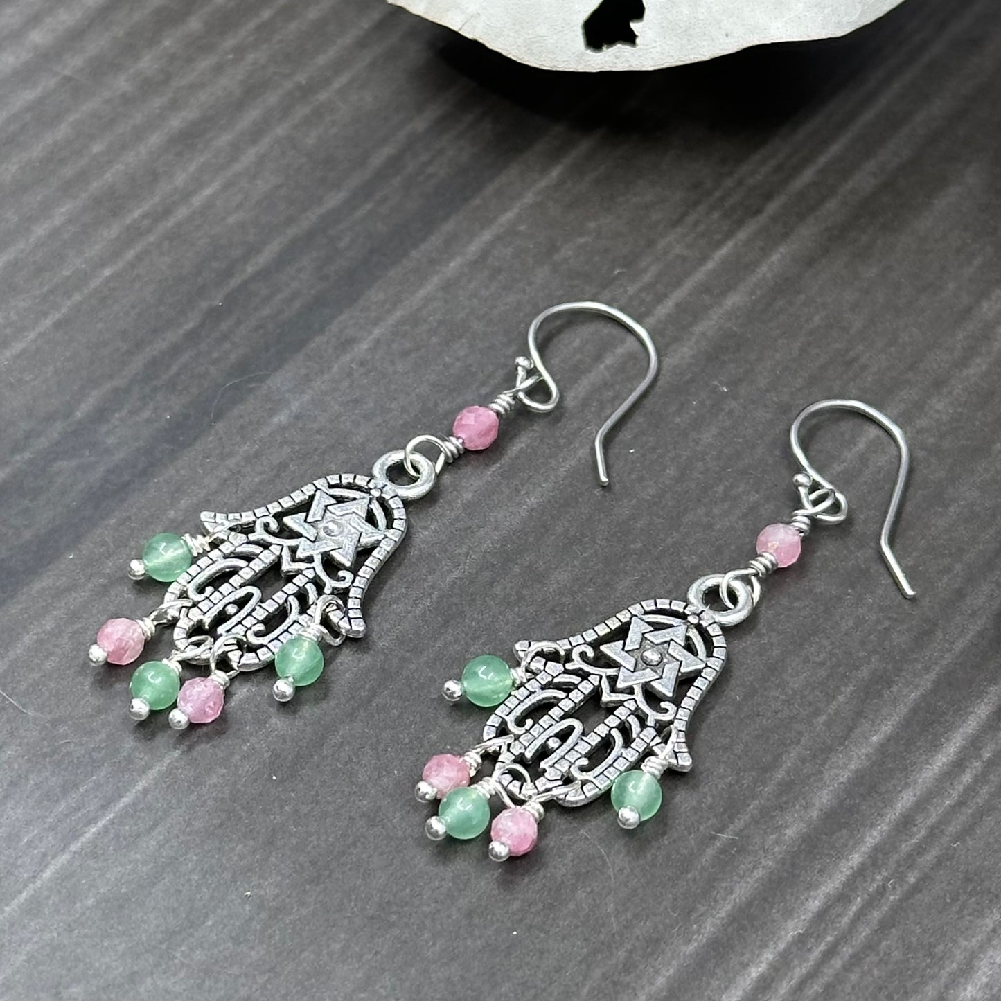 Pink Tourmaline and Aventurine Hamsa Earrings