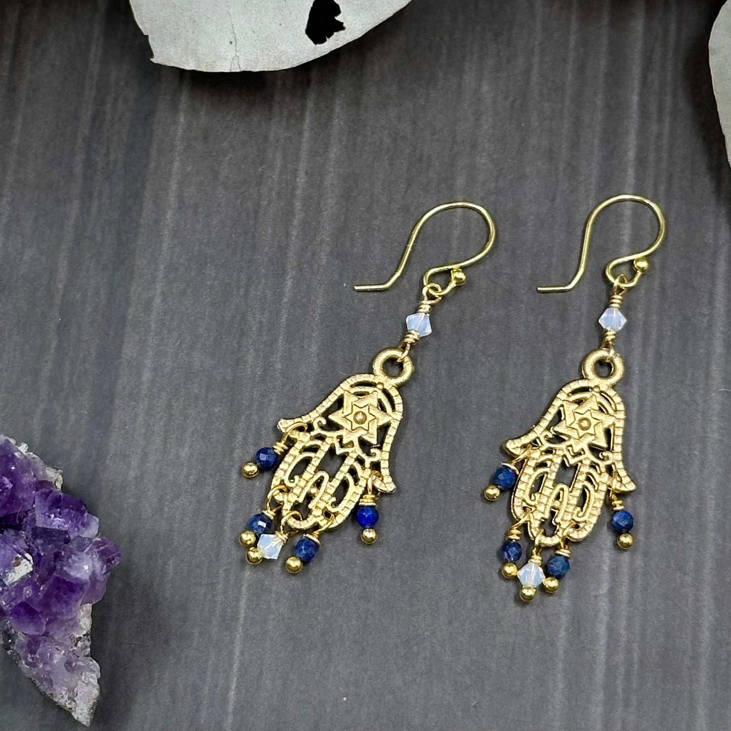 Gold Colored Hamsa Earrings with Lapis Lazuli and Crystals