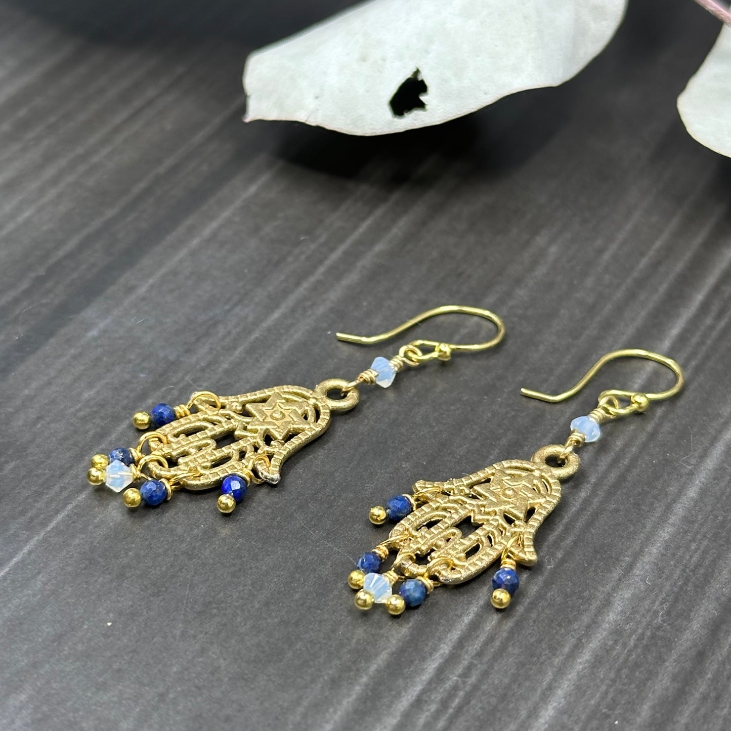 Gold Colored Hamsa Earrings with Lapis Lazuli and Crystals