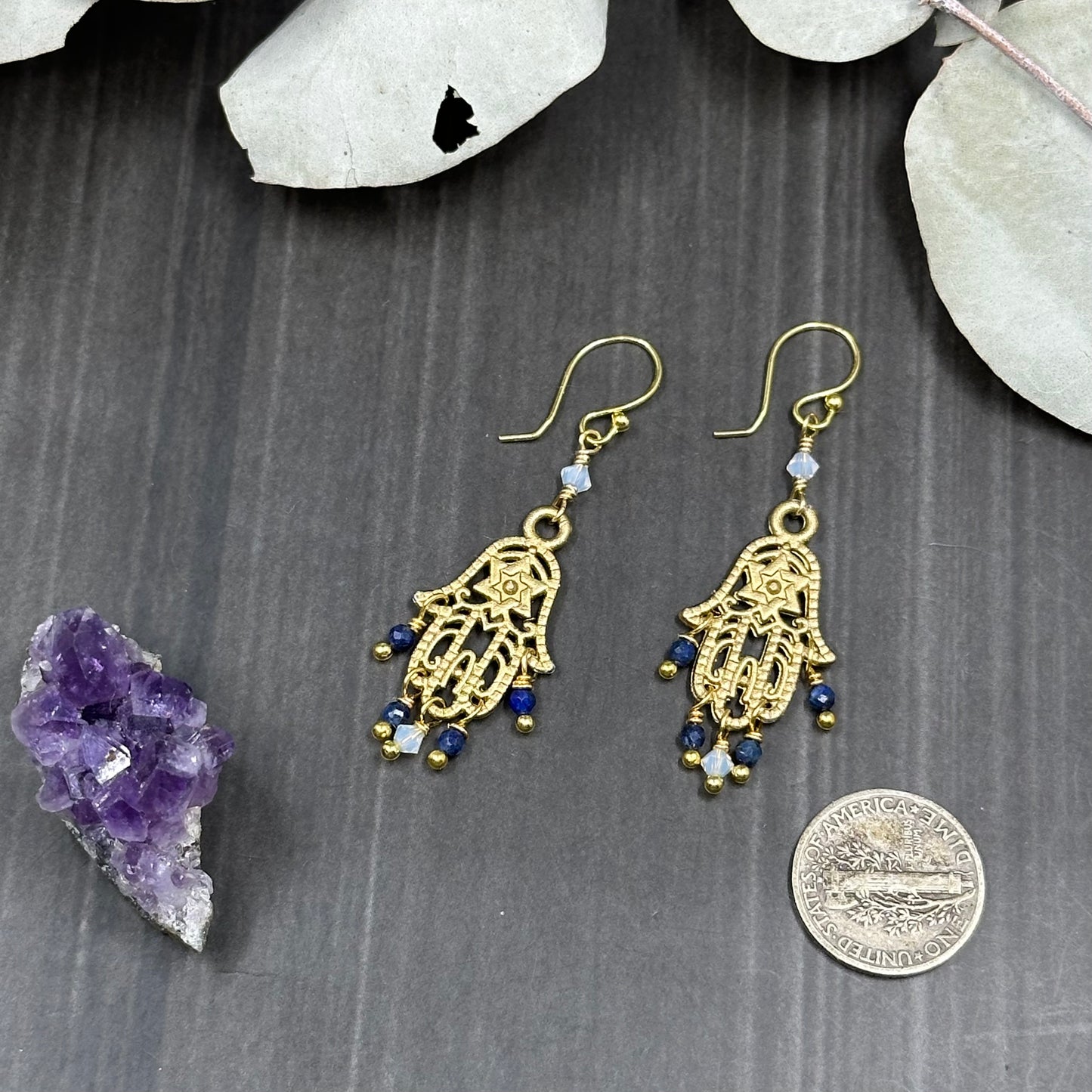 Gold Colored Hamsa Earrings with Lapis Lazuli and Crystals
