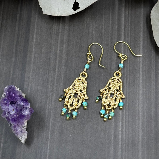 Gold Colored Hamsa Earrings with Genuine Turquoise