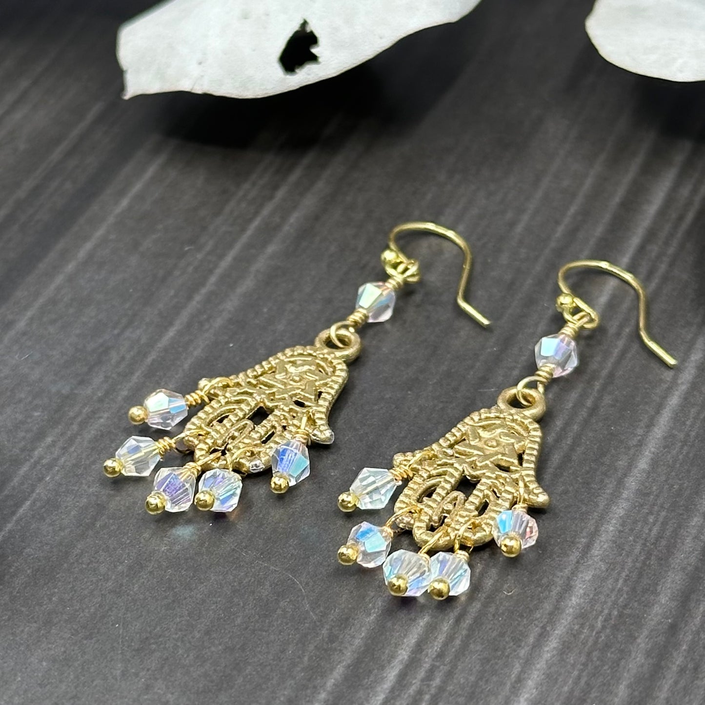Gold Colored Hamsa Earrings with Glass Crystals