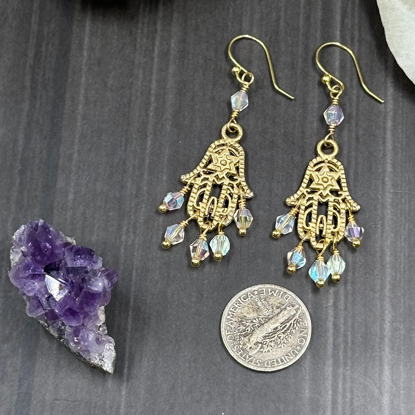 Gold Colored Hamsa Earrings with Glass Crystals