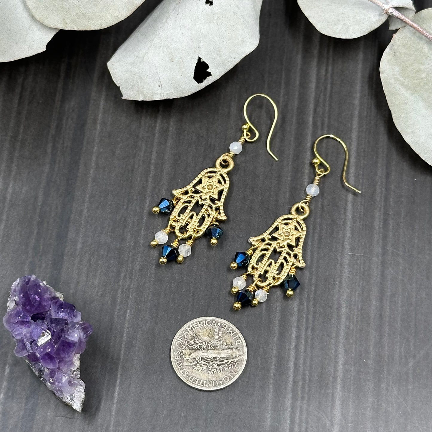 Gold Colored Hamsa Earrings with Crystals and Moonstone