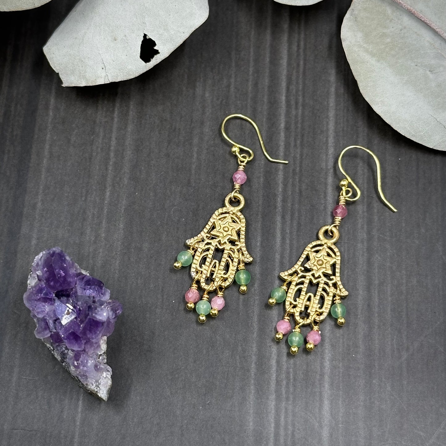 Gold Colored Hamsa Earrings with Pink Tourmaline and Green Aventurine