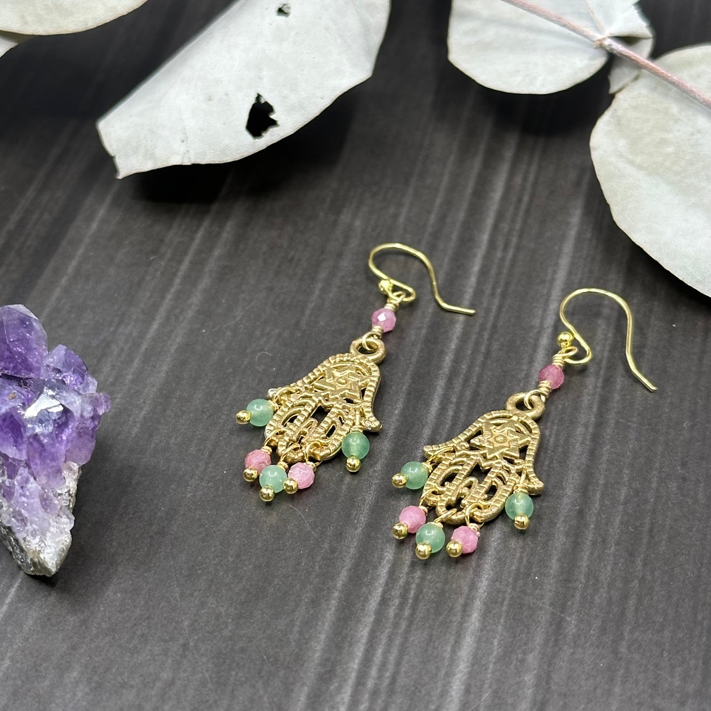 Gold Colored Hamsa Earrings with Pink Tourmaline and Green Aventurine