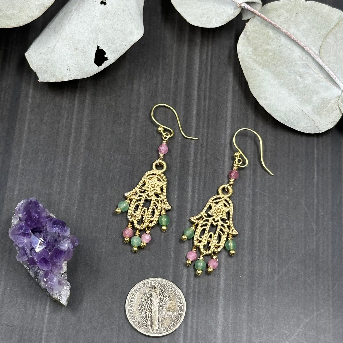 Gold Colored Hamsa Earrings with Pink Tourmaline and Green Aventurine