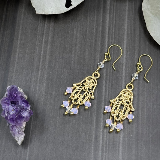 Gold Colored Hamsa Earrings with Pink and White Glass Crystals