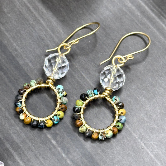 Turquoise, Quartz, and Red Brass Small Hoop Earrings