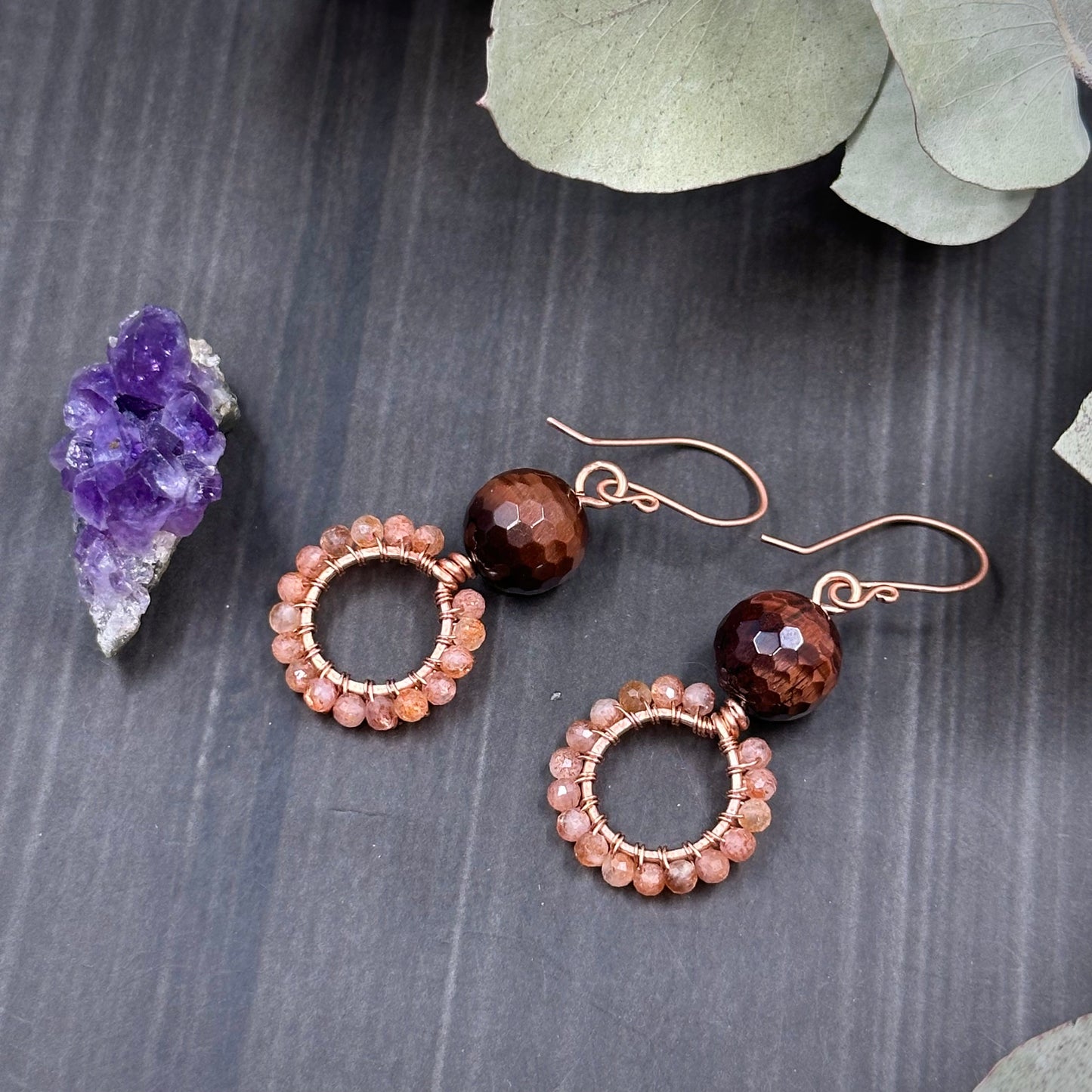 Red Tiger's Eye, Sunstone, and Copper Hoop Earrings