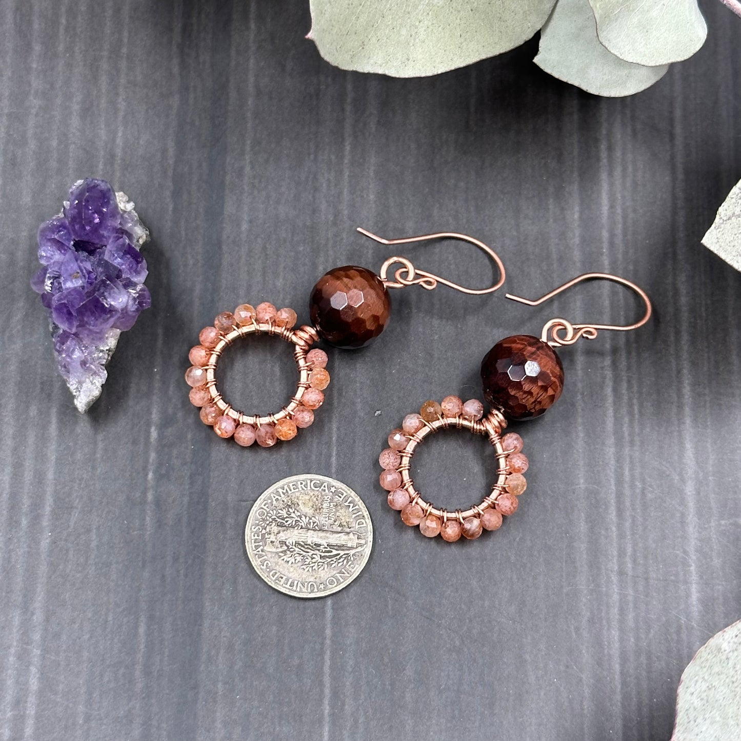 Red Tiger's Eye, Sunstone, and Copper Hoop Earrings