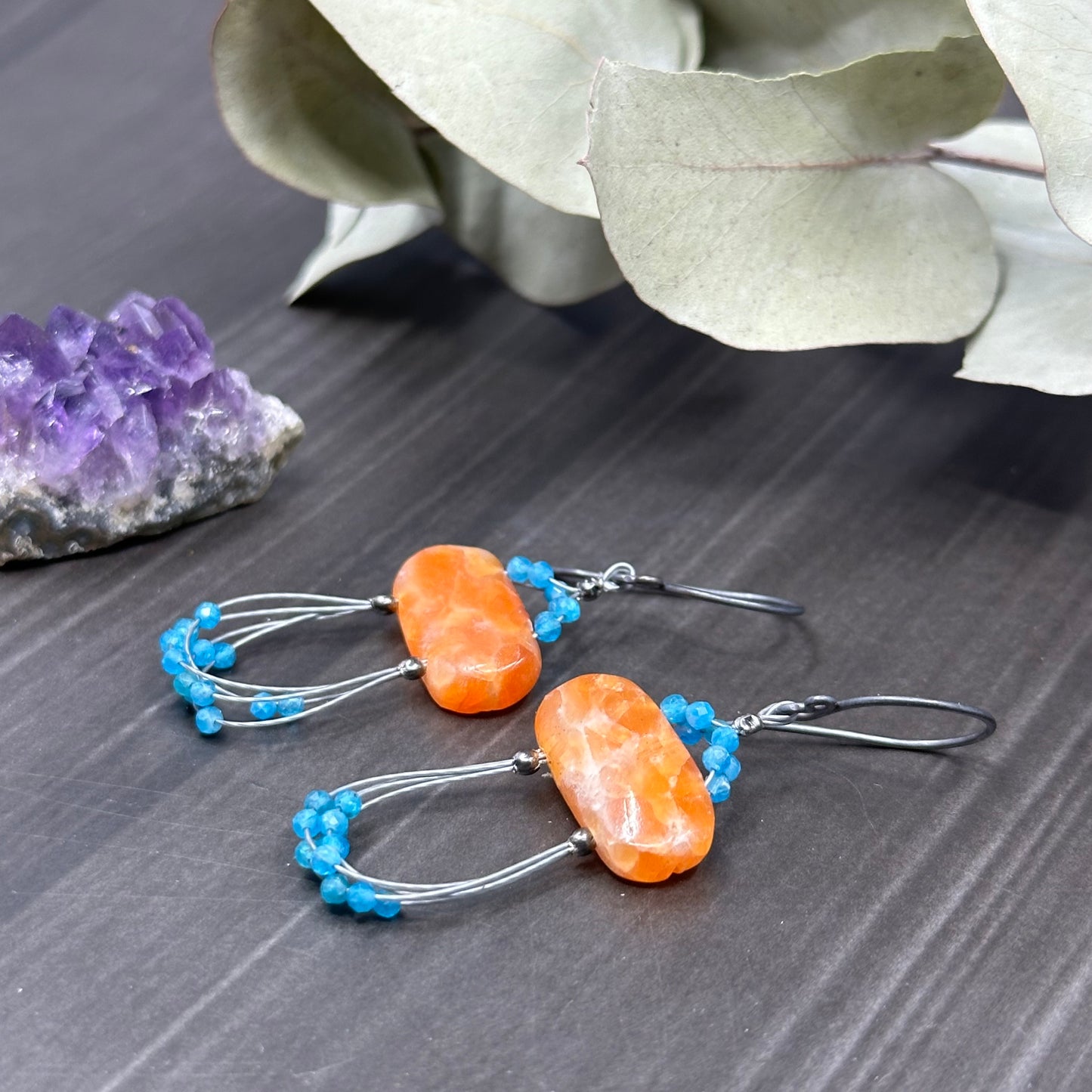 Orange Calcite and Apatite Earrings with Sterling Silver
