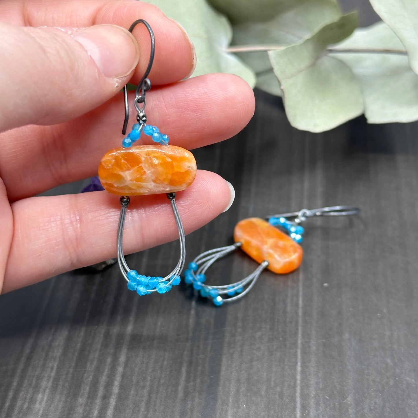 Orange Calcite and Apatite Earrings with Sterling Silver