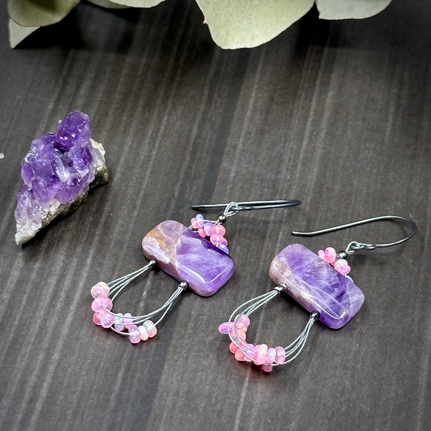 Chevron Amethyst and Pink Opal Earrings with Sterling Silver