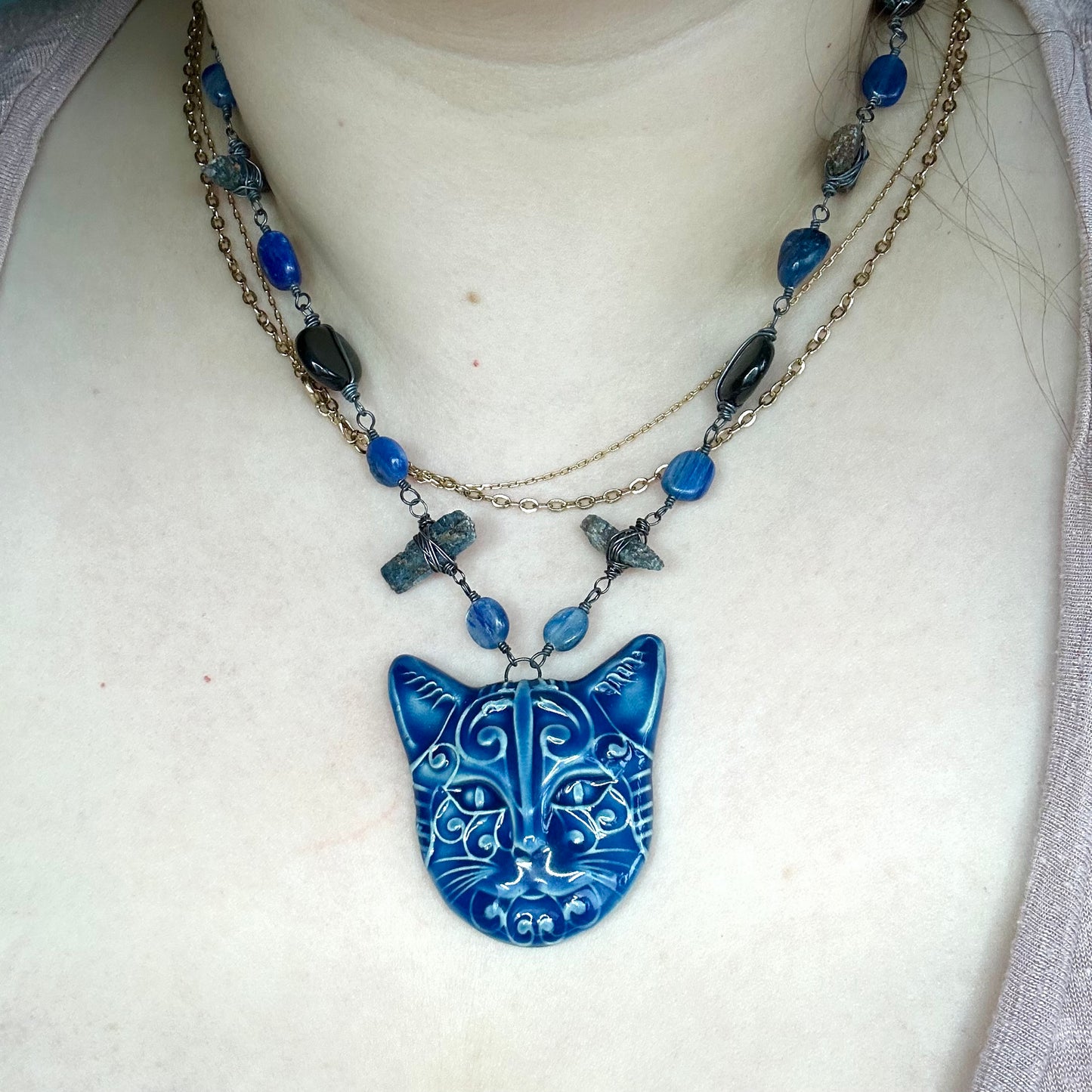 Sterling Silver, Kyanite, Hypersthene, and Ceramic Cat Necklace