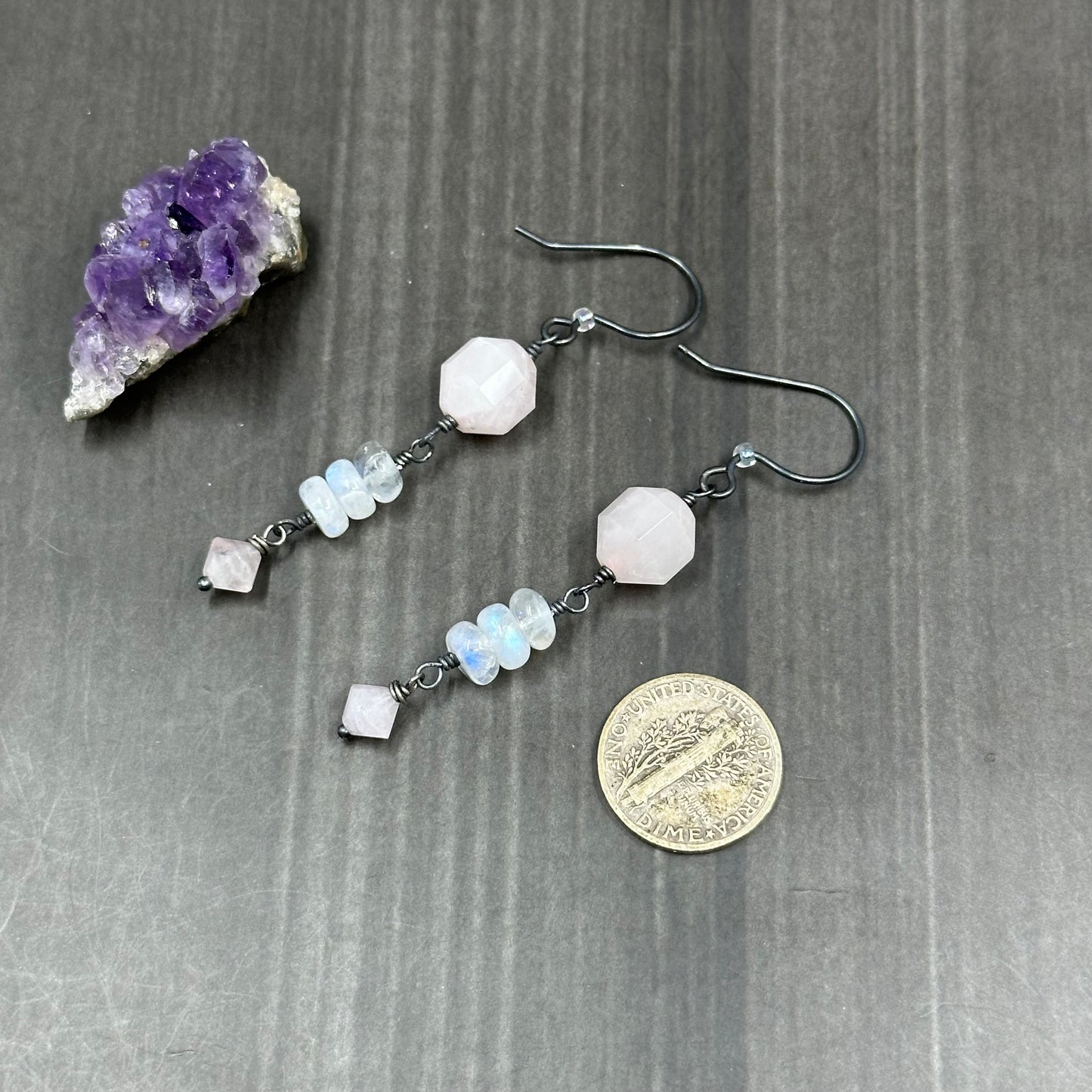 Morganite, Sterling Silver, and Rainbow Moonstone Earrings